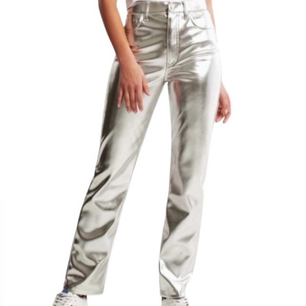 NEW 7 For All Mankind Metallic Straight Leg Faux Leather Pants Silver Size LG - Picture 2 of 11